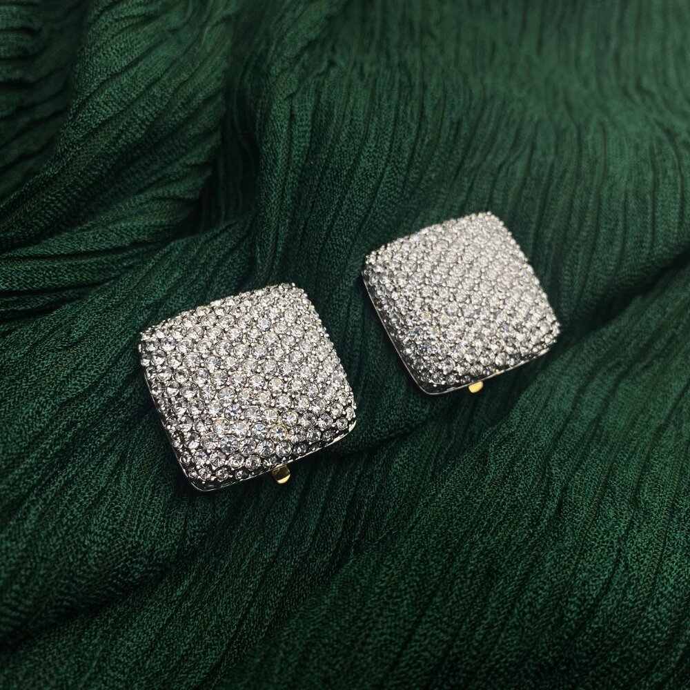 Swarovski Signed Pave Clear Rhinestone Large Chunky Square Gold Clip Earrings